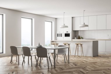 Beyaz duvarları, ahşap zemin, beyaz mutfak tezgahı, beyaz ve ahşap bar tabureleri ile ve beyaz masa sandalye ile modern mutfak köşesinde. 3D render