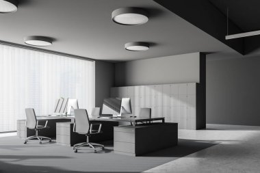 Gri duvarlar, beton zemin ve sandalye ile büyük gri Bilgisayar masaları ile panoramik office köşesinde. Dolap duvarın yanında. 3D render