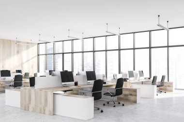 Modern ofis ahşap duvarlar, taş zemine, panoramik pencerelere ve sandalye ile ahşap ve beyaz bilgisayar tabloları satırları iç. 3D render