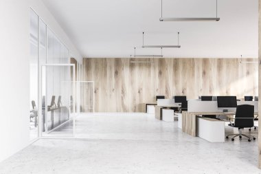 Beyaz ve ahşap duvarlar, beton zemin, beyaz ve ahşap mobilyalı kasalar ve siyah sandalye ile modern ofis iç. 3D render