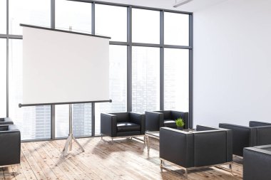 Modern ofis dinlenme salonu ile beyaz duvarlar, ahşap zemin, büyük pencereler ve Sehpalar yatay poster yanındaki yakın duran siyah koltuklar. 3D render alay