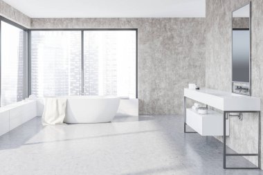 Modern banyo beton duvarlar ve zemin, büyük pencere, beyaz küvet ve beyaz Lavabonun üstündeki dikey ayna ile iç. 3D render