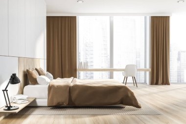 Yatak odası beyaz duvarlar, ahşap zemin, bej battaniye ile ana yatak ve ev ofis alanı masa ve sandalye ile yan görünüm. 3D render