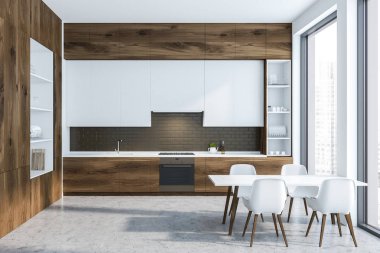 Siyah tuğla duvar, beton zemin, ahşap mutfak tezgahı ve beyaz dolapları ve soldaki büyük beyaz ve ahşap dolap modern mutfak iç. Beyaz masa sandalye ile. 3D render