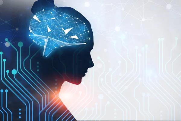 脳回路インターフェイスを持つ白と青の背景にホログラムを女性プロファイル 人工知能の概念 二重露光モックアップ — ストック写真