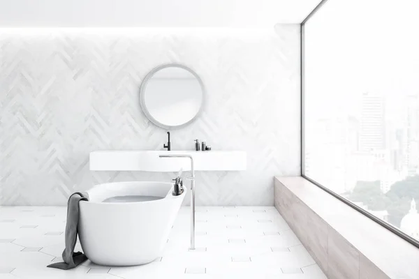 Interieur Eines Modernen Badezimmers Mit Weißen Holzwänden Fliesenboden Panoramafenster Weißer — Stockfoto