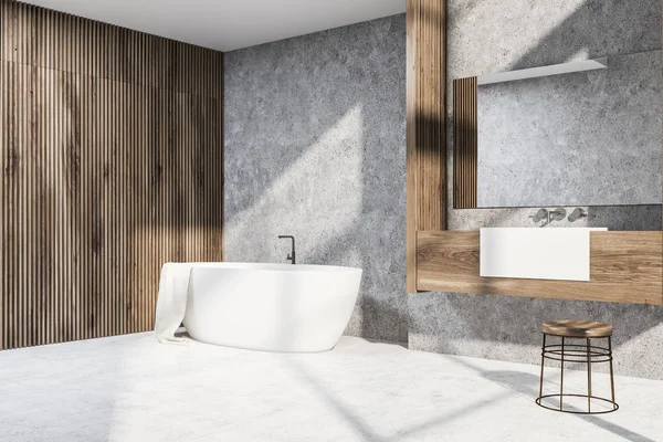 Modern Fürdőszoba Konkrét Fából Készült Falak Fehér Padló Fehér Fürdőkád — Stock Fotó