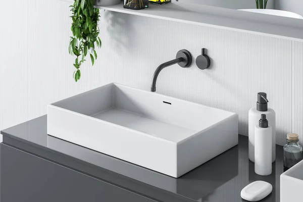 Vue Dessus Lavabo Rectangulaire Blanc Debout Sur Comptoir Gris Dans — Photo