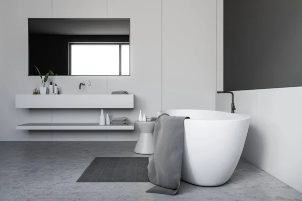 Side View Bathroom Interior Gray White Walls Concrete Floor White — Stock Photo, Image