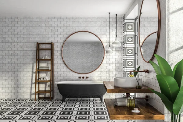 인테리어 타일된 현대적인 욕실의 거울과 화이트 라운드 선반에 왼쪽에 수건을 — 스톡 사진