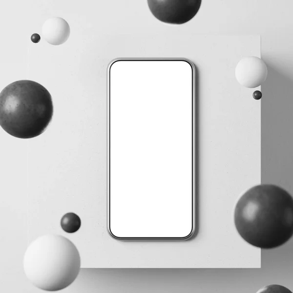 Felülnézete Modell Fekvő Fehér Felület Felett Fehér Háttér Köré Smartphone — Stock Fotó