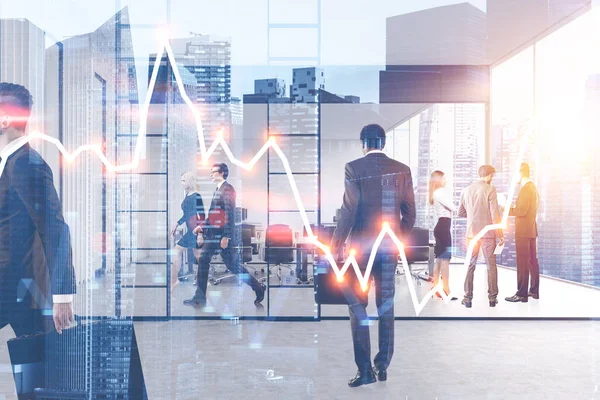 Business people walking in modern office with meeting room with double exposure of cityscape and red graph in the foreground. Toned image