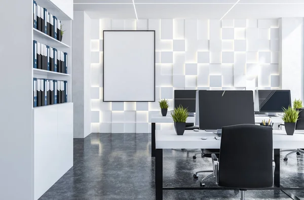 Interior of modern office with white walls, concrete floor, rows of white computer tables with black chairs and bookcase with folders near the wall. Vertical poster. 3d rendering mock up