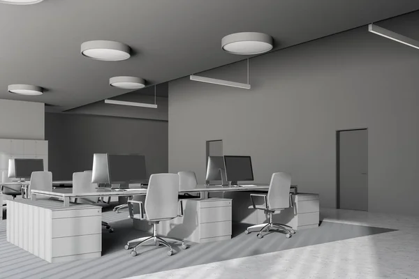 Interior Gray Office Concrete Floor Rows Light Gray Computer Tables — Stock Photo, Image