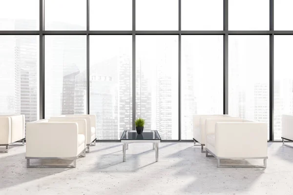 Modern Office Waiting Room Panoramic Windows Cityscape Concrete Floor White — Stock Photo, Image