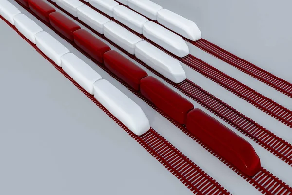 Modelos Trenes Blancos Rojos Sobre Raíles Rojos Colocados Diagonalmente Sobre —  Fotos de Stock
