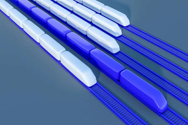Modelos Trenes Blancos Azules Sobre Raíles Azules Colocados Diagonalmente Sobre —  Fotos de Stock