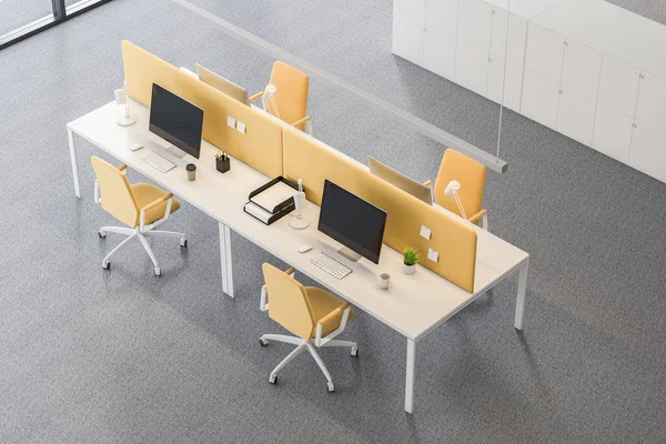 Top view of white and yellow computer table with yellow chairs standing in modern office with carpet on the floor and white lockers. 3d rendering