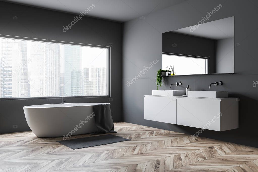Corner of bathroom with gray walls, wooden floor, white tub standing under big window and double sink on white countertop. 3d rendering