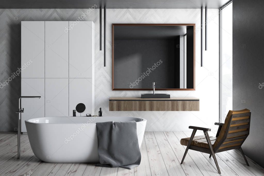 Bathroom interior with white wooden walls, wooden floor, white bathtub, black sink on wooden counter, an armchair and white closet in the corner. 3d rendering
