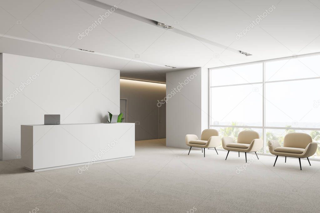 Corner of office waiting room with white walls, carpet on the floor, white reception desk and row of white armchairs near the window. 3d rendering