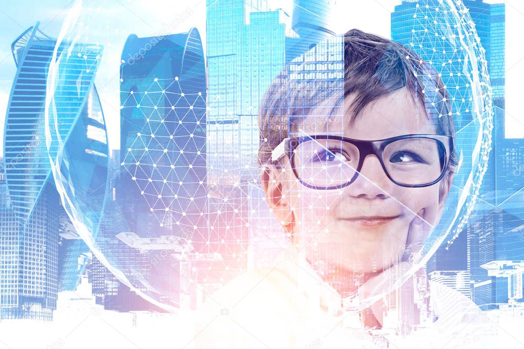 Thoughtful smiling little boy wearing glasses and white shirt standing over modern cityscape background with Earth hologram. Future of business concept. Toned image double exposure