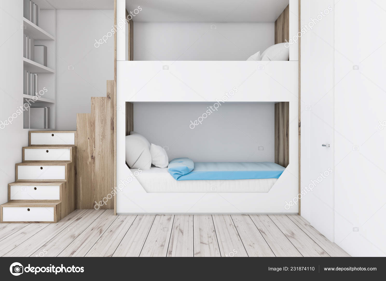 Interior Teenager Bedroom White Walls Wooden Floor White