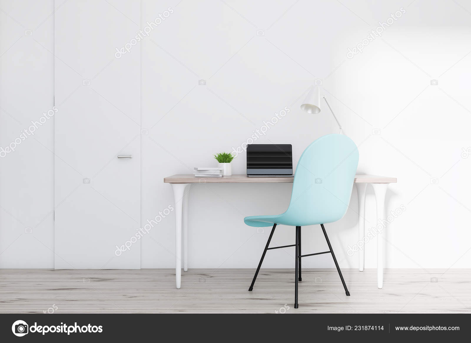 Interior Home Office White Walls Wooden Floor White Wooden Computer