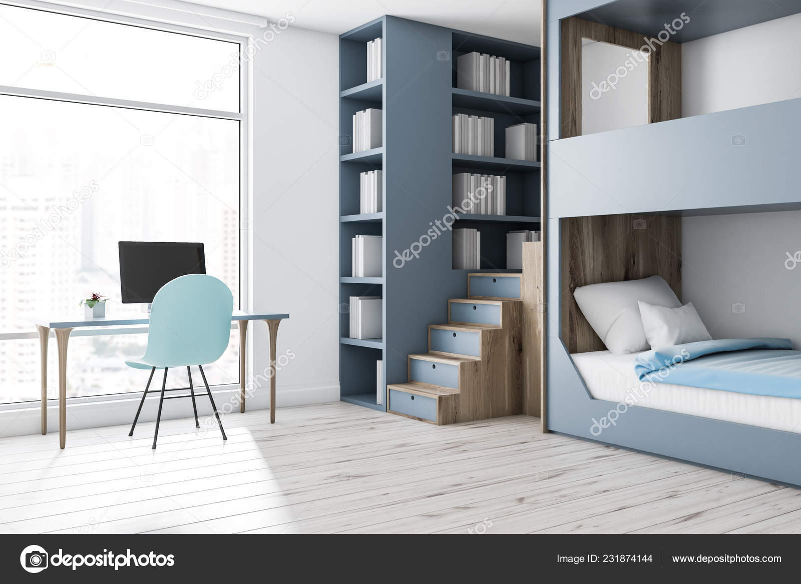 Wooden Floor Gray Bunk Stock, Light Blue Bunk Beds