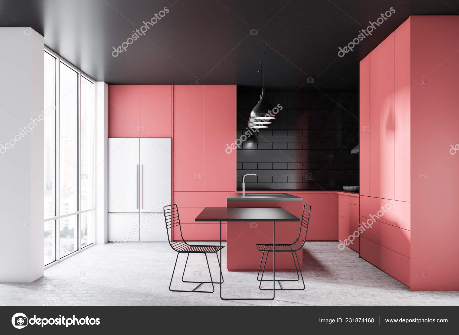 Interior Modern Kitchen Black Brick Walls Concrete Floor Black