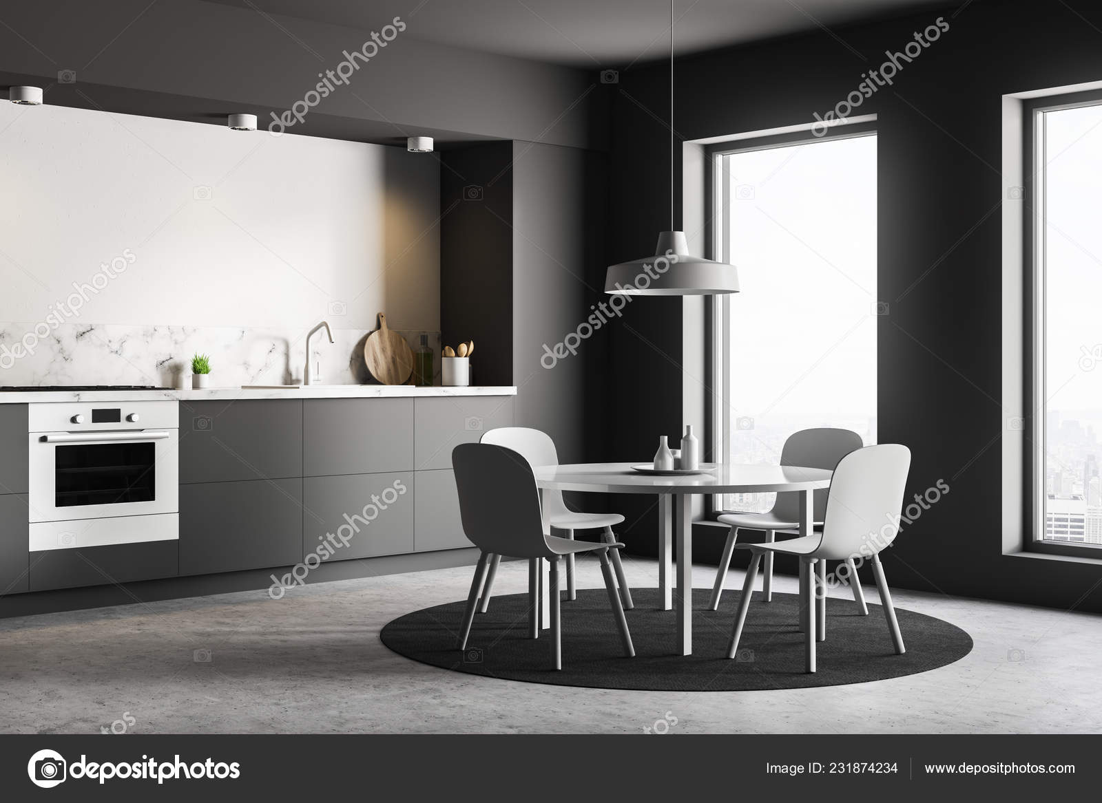Coin Cuisine Moderne Avec Des Murs Gris Blancs Plancher