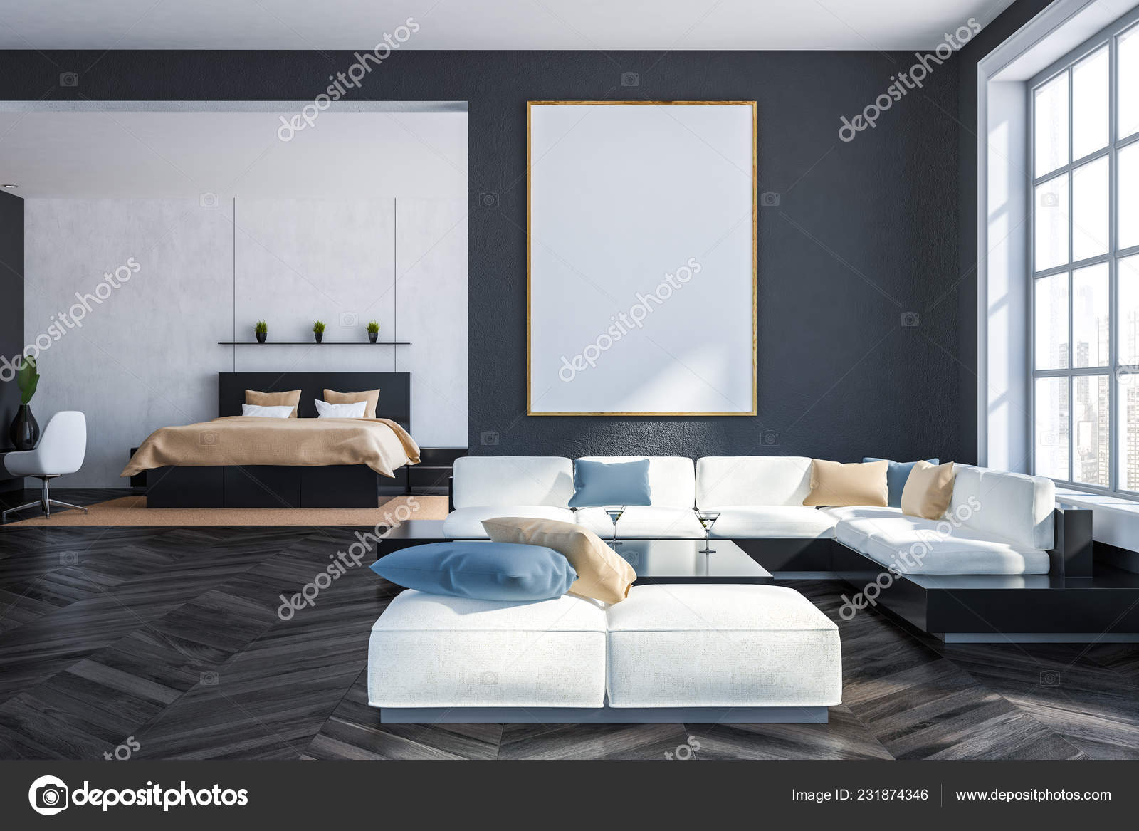 Interior Living Room Gray Walls Dark Wooden Floor White