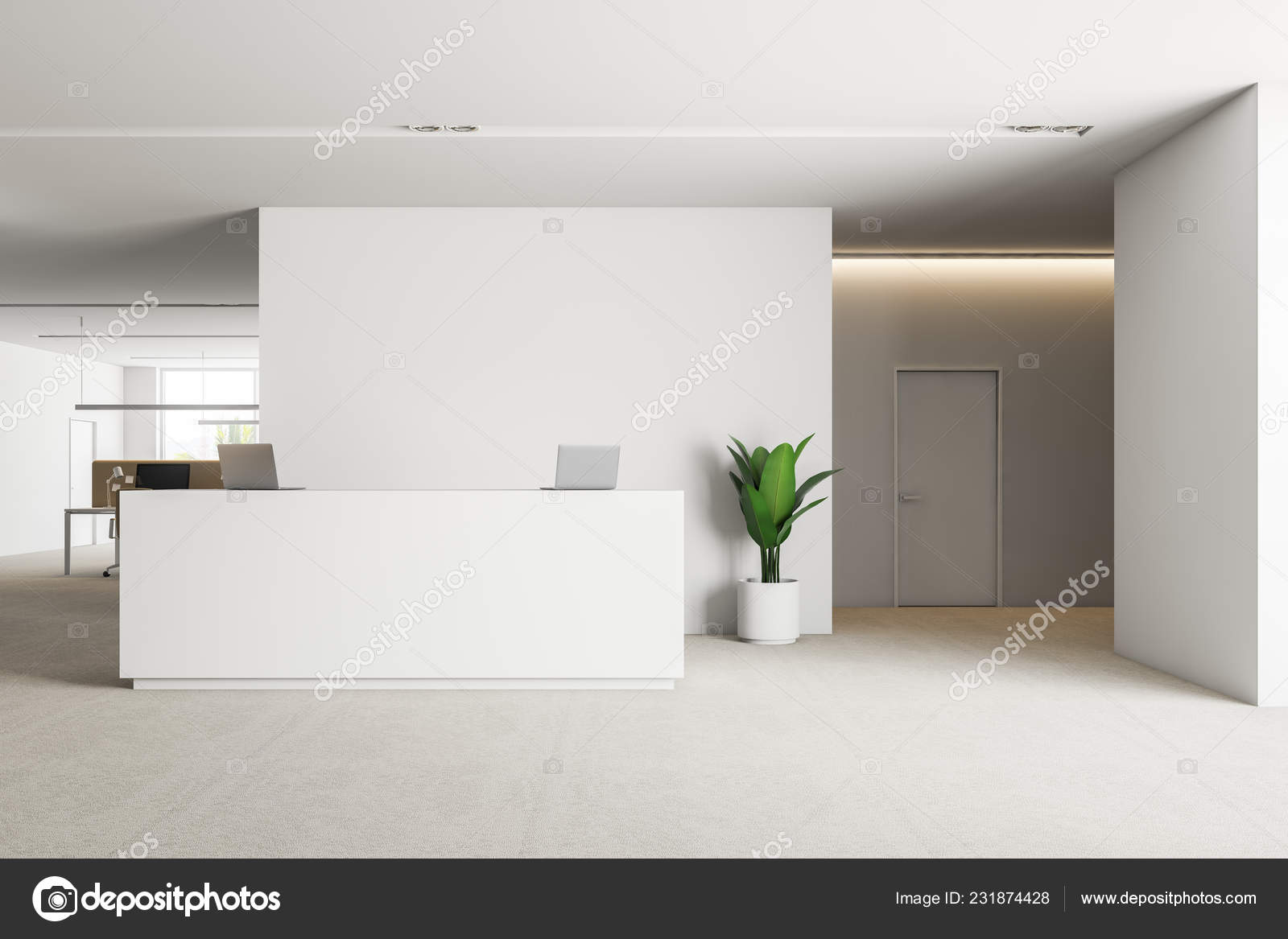 Office Reception Area White Walls Carpet Floor White Reception Desk Stock  Photo by ©denisismagilov 231874428