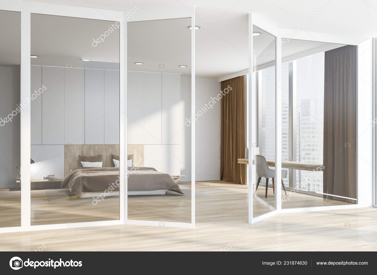 Corner Master Bedroom White Walls Wooden Floor Master Bed