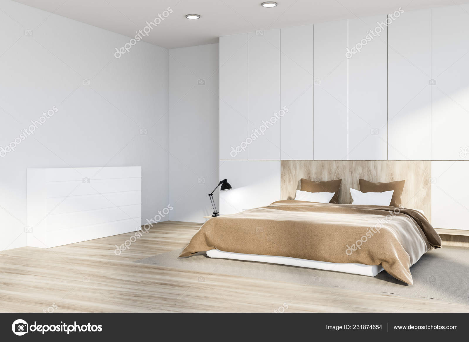 Corner Master Bedroom White Walls Wooden Floor Carpet White Wooden