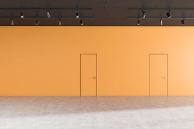 Boş ofis lobi iç turuncu duvarlar, beton zemin, şık lambalar ile siyah tavan ve iki kapı ile. 3D render