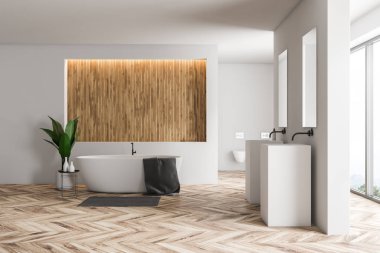 Modern banyo beyaz ve ahşap duvarlar, ahşap zemin, beyaz küvet, iki kare lavabolar ve iki tuvalet iç. 3D render