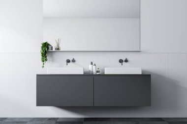 Çift banyo lavabo gri tezgah büyük yatay ayna üstündeki beyaz duvarlı odada tutuyoruz. 3D render