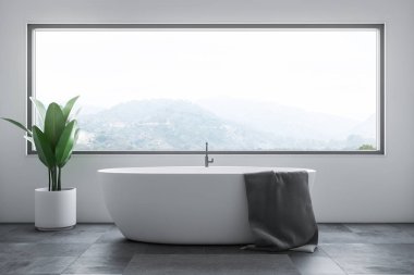 Minimalist banyo iç beyaz duvarlı kat, beyaz küvet ayakta dağ manzaralı büyük pencere altında döşenir ve bitki saksı. 3D render