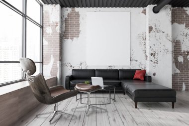 Grunge oturma odası iç tuğla duvarlar, ahşap zemin, geniş pencere, büyük siyah deri kanepe ve kahverengi koltuk sehpa yakınındaki. Dikey poster. 3D render alay