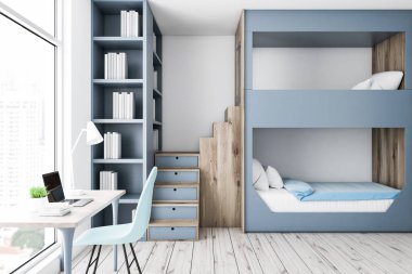 Beyaz duvarları, ahşap zemin, gri ve ahşap ranza, gri kitaplık ve beyaz bilgisayar masa mavi sandalye ile modern yatak odası iç. 3D render