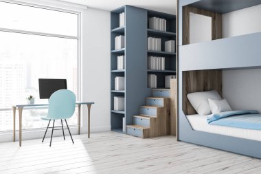 Beyaz duvarları, ahşap zemin, gri ve ahşap ranza, gri kitaplık ve beyaz bilgisayar masa mavi sandalye ile modern yatak odası köşesinde. 3D render