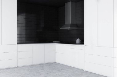 Siyah tuğla duvarlar, beton zemin, beyaz mutfak tezgahı ve dolapları ve bir Ocak ile minimalist mutfak köşesinde. 3D render