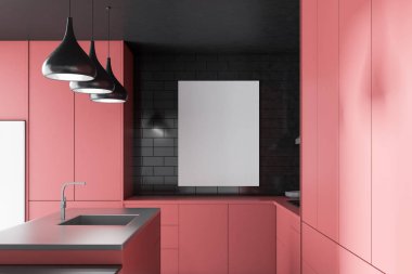İç siyah tuğla duvarlar, pembe mutfak tezgahı ve dolapları ile modern mutfak ve lavabo ile pembe ve gri bir ada. Dikey poster duvara kadar sahte. 3D render