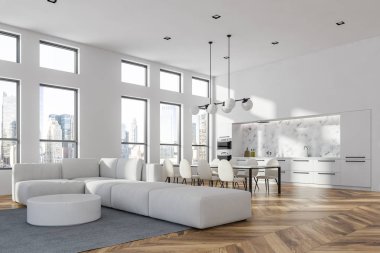 Modern stüdyo daire ile beyaz duvarlar, ahşap zemin, sehpa yemek odası ve mutfak arka planda yakın duran yumuşak beyaz kanepe oturma odasında köşesinde. 3D render