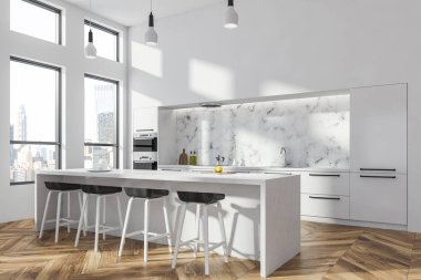 Beyaz ve beyaz mermer duvarlar, ahşap zemin, yapılı içinde soba ile beyaz mutfak tezgahı ve beyaz ve siyah dışkı ile beyaz çubuğu ile modern mutfak köşesinde. 3D render