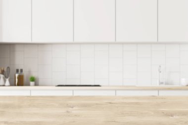 İç beyaz döşeli duvarlar ile modern mutfak aletleri ve beyaz dolaplar içinde beyaz ve ahşap mutfak tezgahı ile inşa. Tablo ön planda. 3d render bulanık