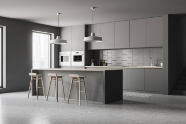Modern mutfak Gri duvarlar, beton zemin, gri mutfak tezgahı ve dolapları ve dışkı ile gri ve ahşap bar köşesinde. 3D render