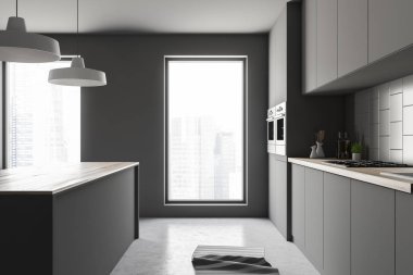 Modern mutfak Gri duvarlar, beton zemin, çatı penceresi, yerleşik aletleri ile gri mutfak tezgahı ve gri ve ahşap ada ile yan görünüm. 3D render