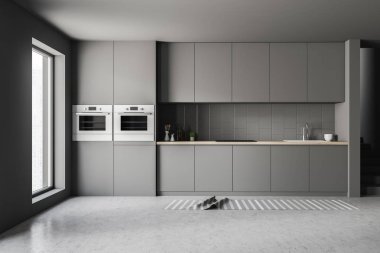 İç Gri duvarlar, beton zemin, çatı penceresi ile şık mutfak ve gri ve ahşap mutfak tezgahı. İki fırın. 3D render